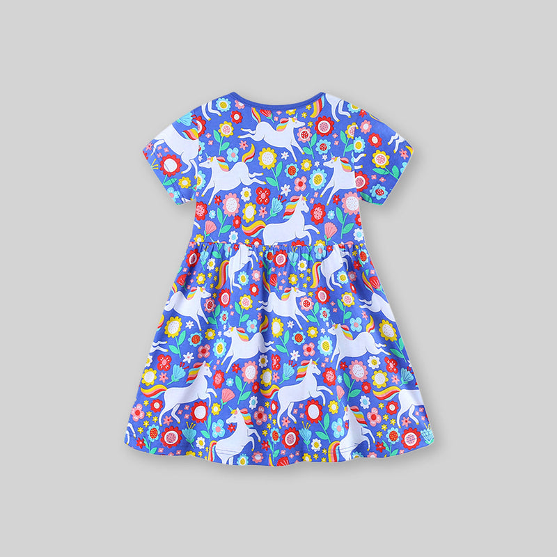 Girls Short Sleeve Unicorn Printed Dress Casual Dresses   