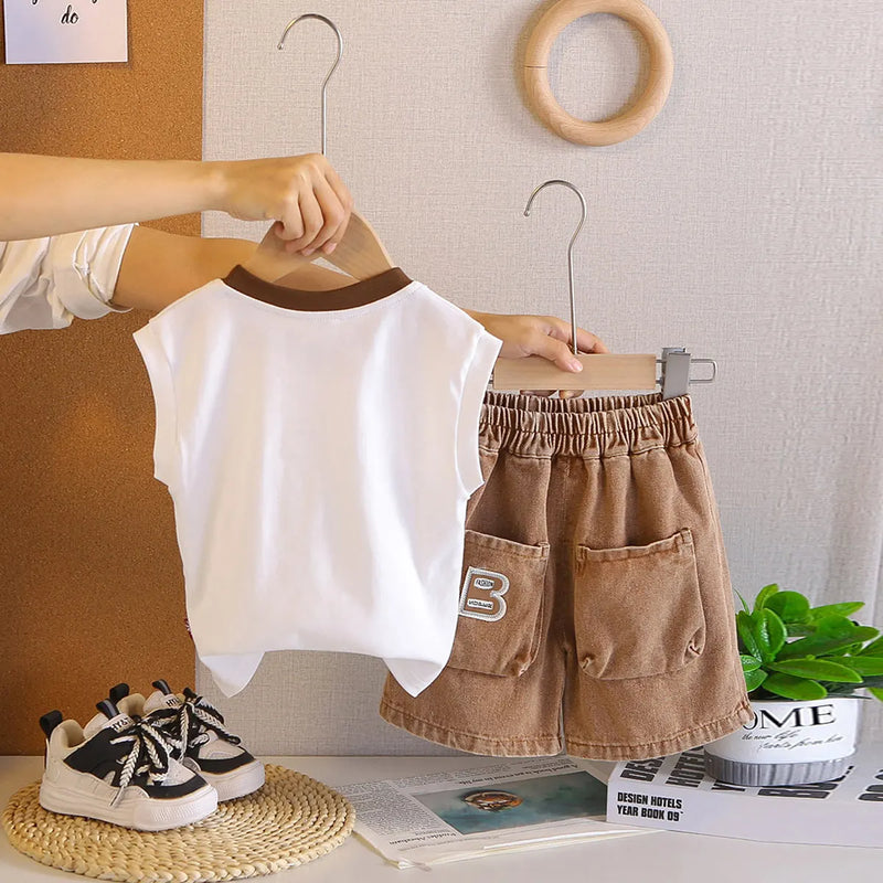 Boys White Typographic Printed Sleeveless T-Shirt With Shorts Sets Sets