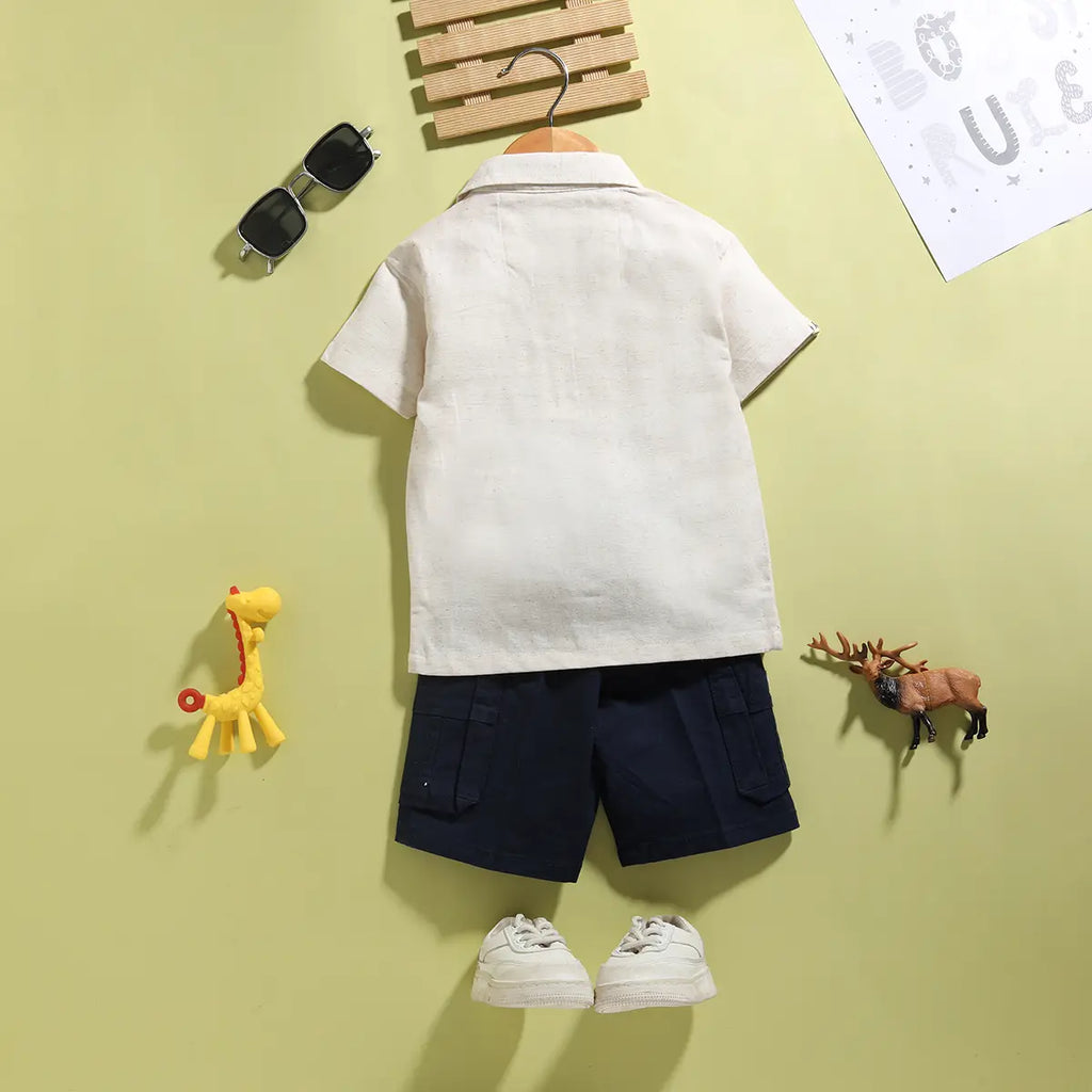 Boys Beige Embroidered Short Sleeve Shirt With Navy Shorts Sets 2 pc. Sets