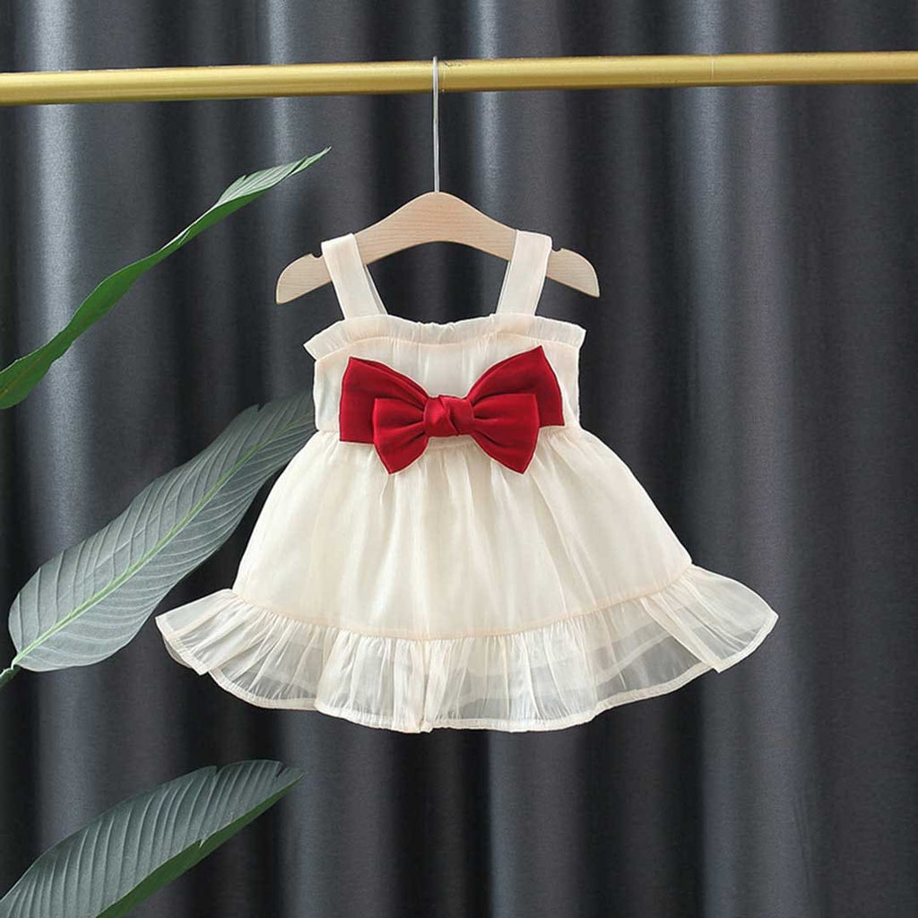 Girls Off White Gathered Party Dress with Statement Bow Party Dresses Off White 1-2 Y 