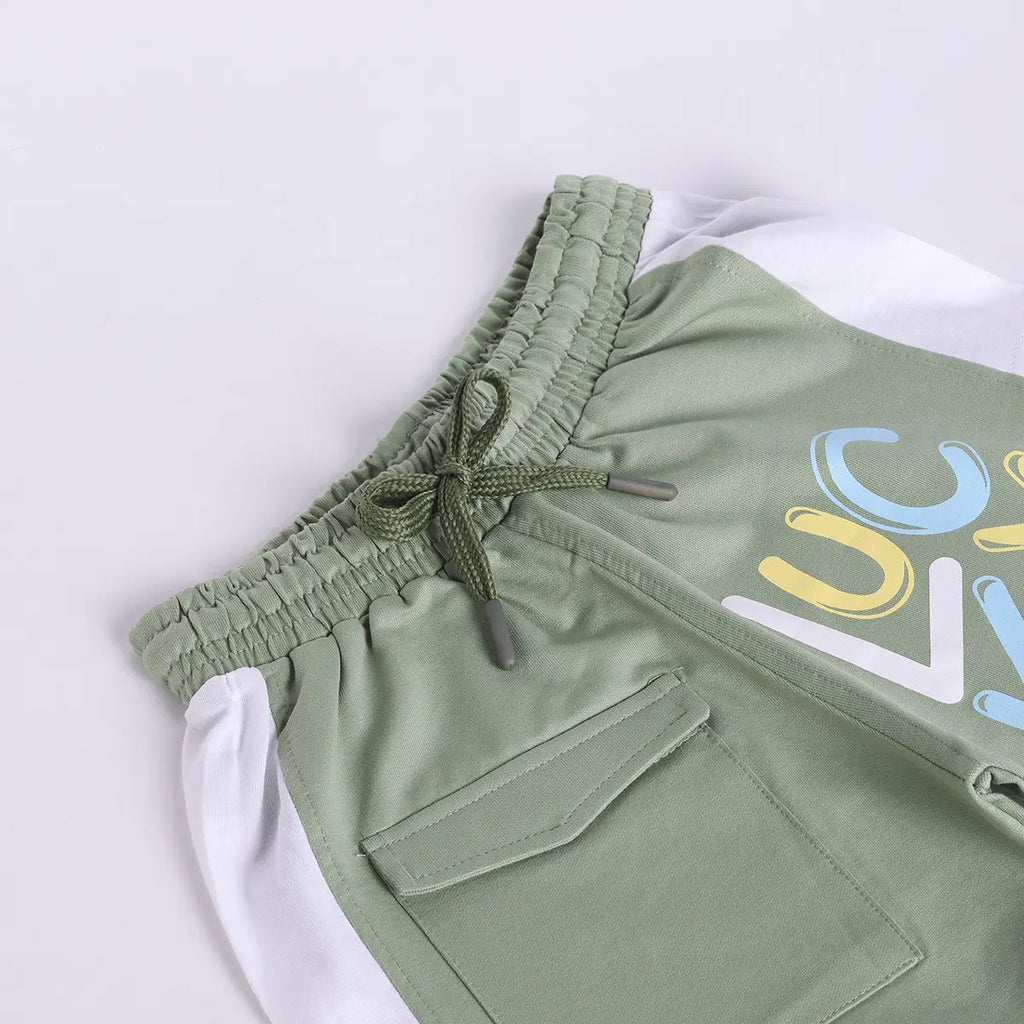 Boys Green Typographic Printed Short Sleeve T-Shirt With Elasticated Shorts Sets Sets