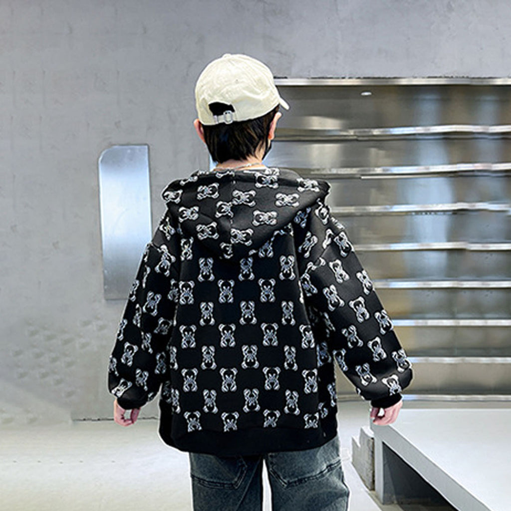 Boys Black Teddy Printed Hooded Front Zipper Winter Jacket Sweatshirts & Hoodies