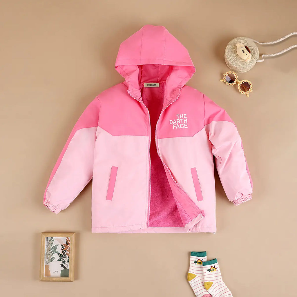 Girls Pink Typographic Printed Hooded Zipper Jacket Coats & Jackets