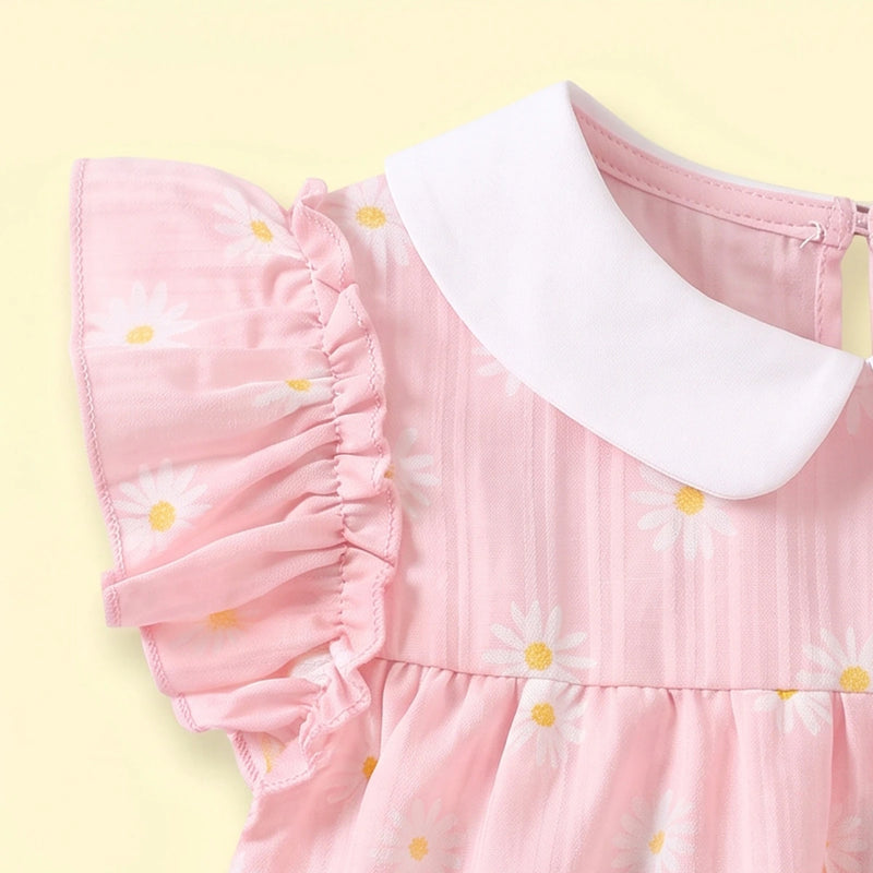 Girls Light Pink Floral Print Flutter Sleeve A-line Dress Casual Dresses