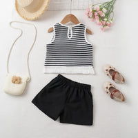 Girls Black Self Design Stripes Sleeveless Top With Shorts Set Sets