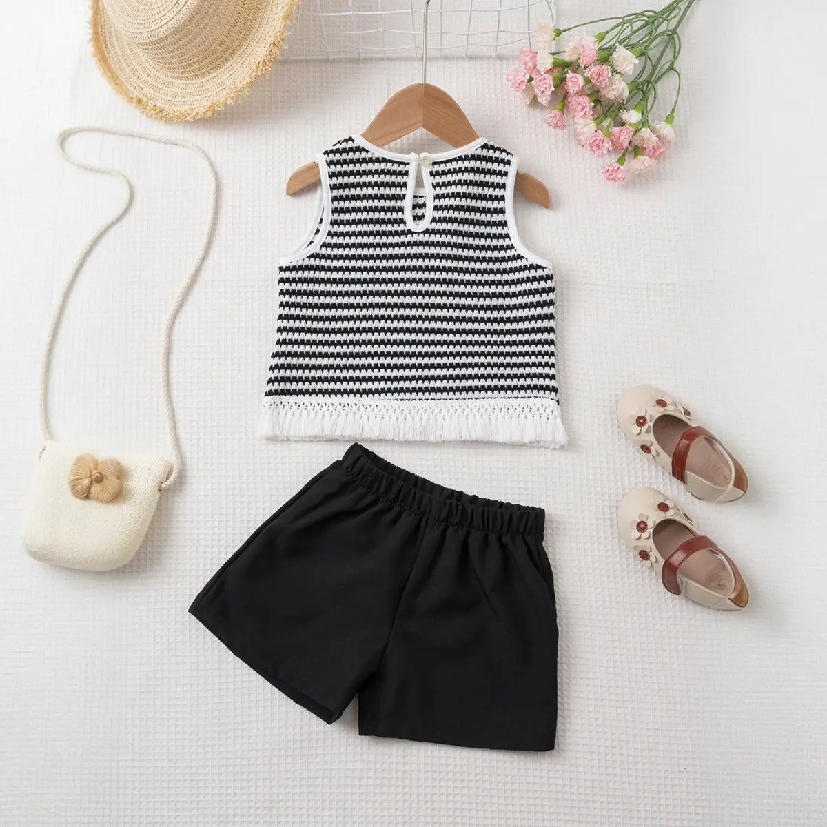 Girls Black Self Design Stripes Sleeveless Top With Shorts Set Sets