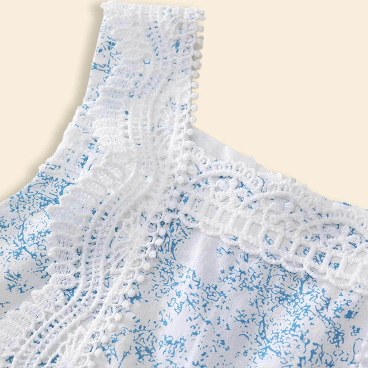 Girls Blue Printed Sleeveless Fit & Flare Dress With Neck Lace Trim Casual Dresses