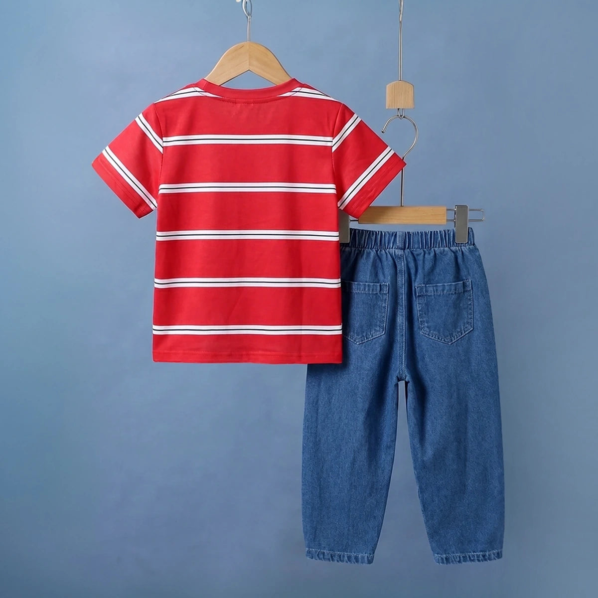 Boys Red Striped Alphanumeric Print T-Shirt With Denim Jeans 2 pc. Sets