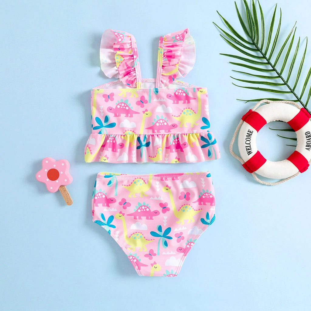 Girls Pink Dinosaur Printed Ruffle Top With Briefs Swimwear Sets Sets