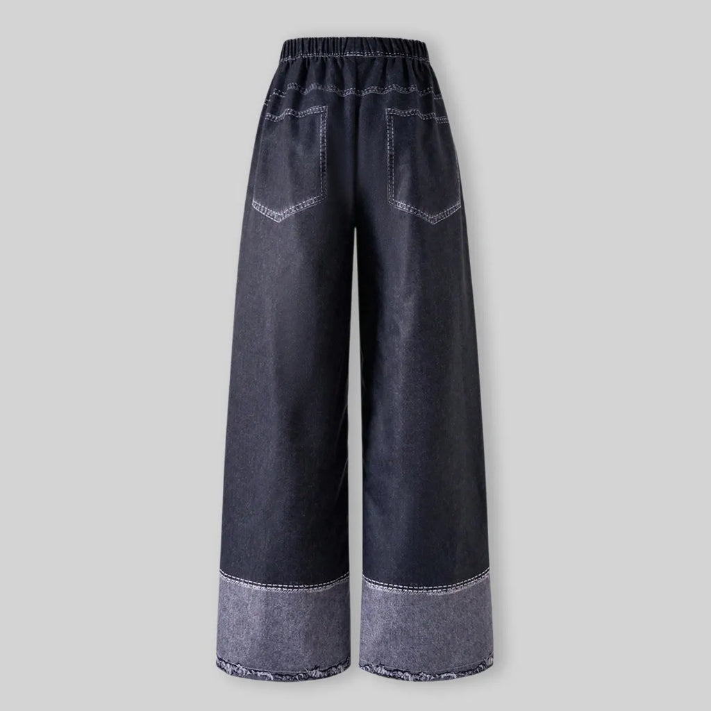 Girls Black Denim-Style Print Knitted Wide-Leg Pants Pants