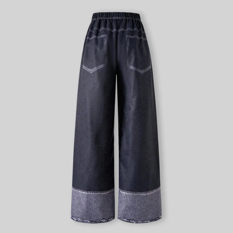 Girls Black Denim-Style Print Knitted Wide-Leg Pants Pants