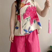 Girls Fuchsia Floral Mandarin Collar Top With Flared Pants Sets Sets