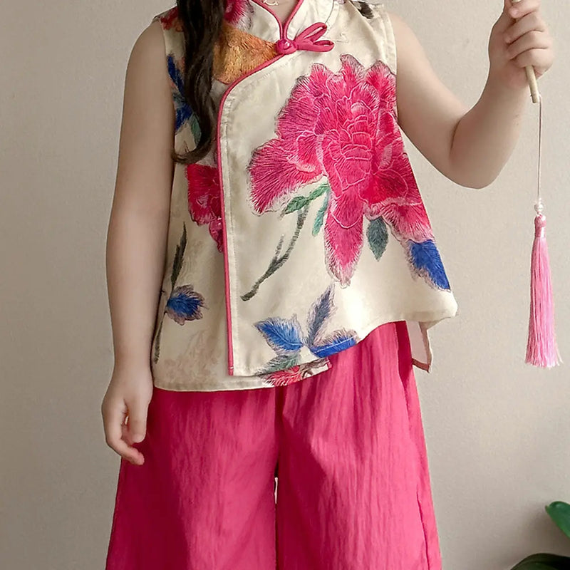 Girls Fuchsia Floral Mandarin Collar Top With Flared Pants Sets Sets