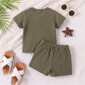 Boys Olive Green Waffle Knit Raglan Sleeve T-Shirt With Shorts Sets 2 pc. Sets