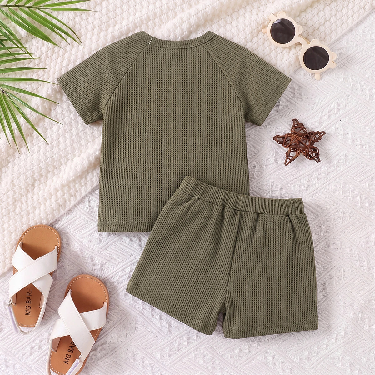 Boys Olive Green Waffle Knit Raglan Sleeve T-Shirt With Shorts Sets 2 pc. Sets