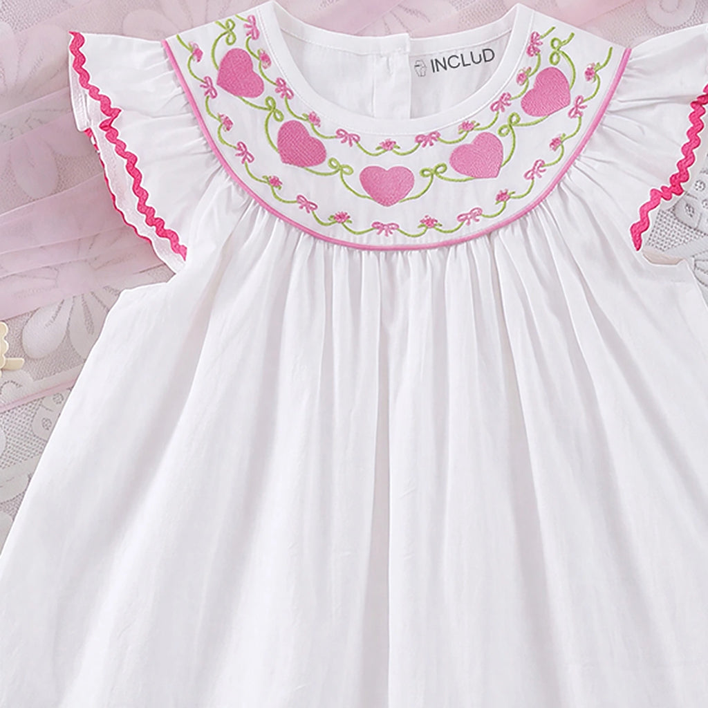 Girls White Embroidered Flutter Sleeve Dress Casual Dresses
