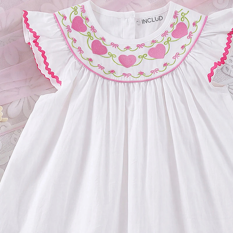 Girls White Embroidered Flutter Sleeve Dress Casual Dresses