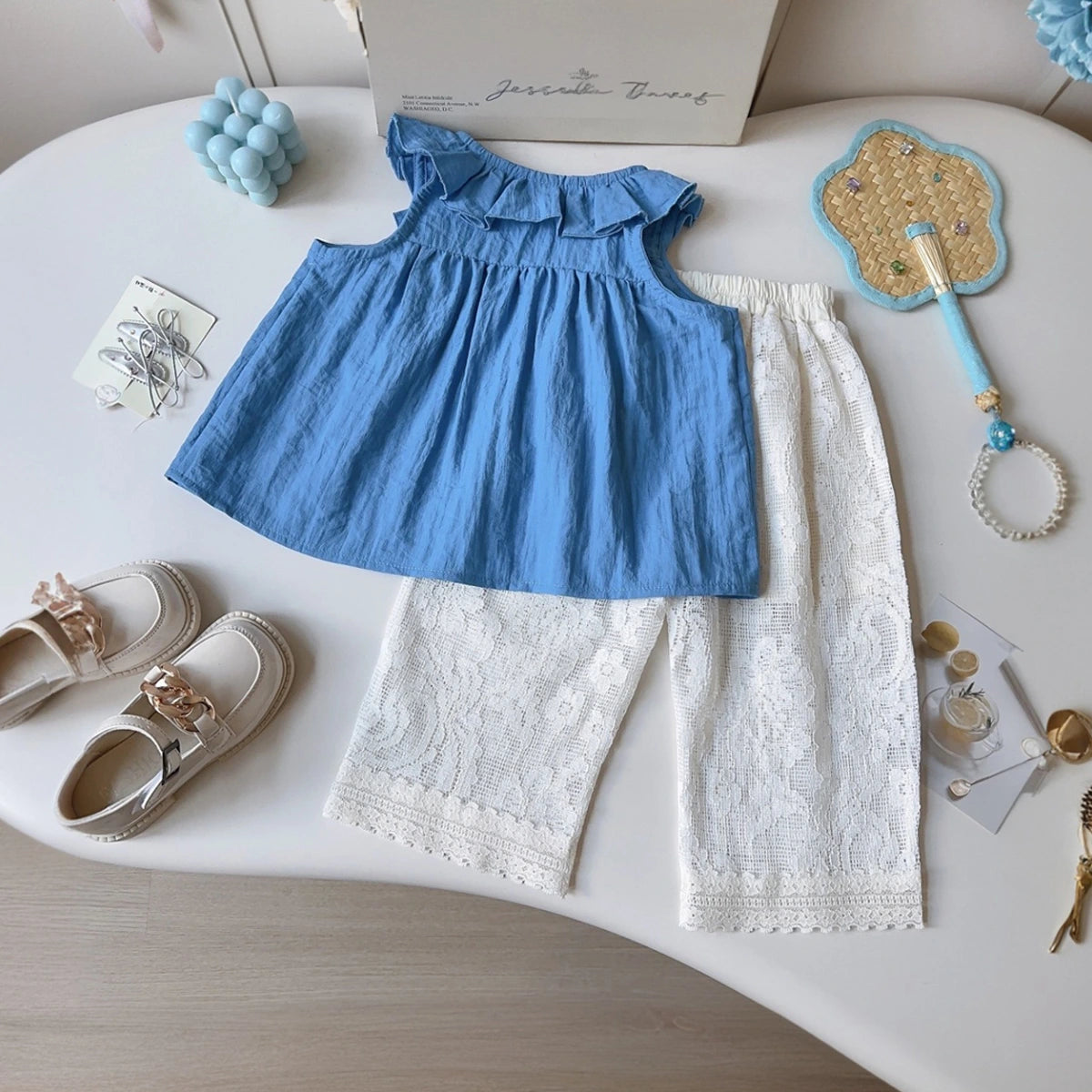 Girls Blue Sleeveless Ruffle Top with White Lace Palazzo Pants Sets 2 pc. Sets