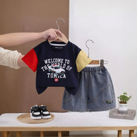 Boys Navy Blue Car Printed Short Sleeve T-Shirt with Denim Shorts Sets 2 pc. Sets Navy Blue 1-2 Y