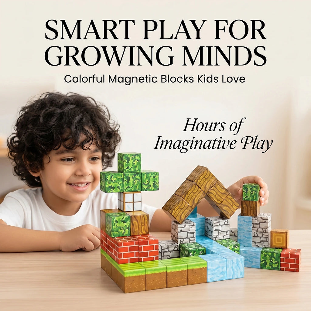 Multicolor pixel magnetic building blocks in a 48-piece set with storage bag