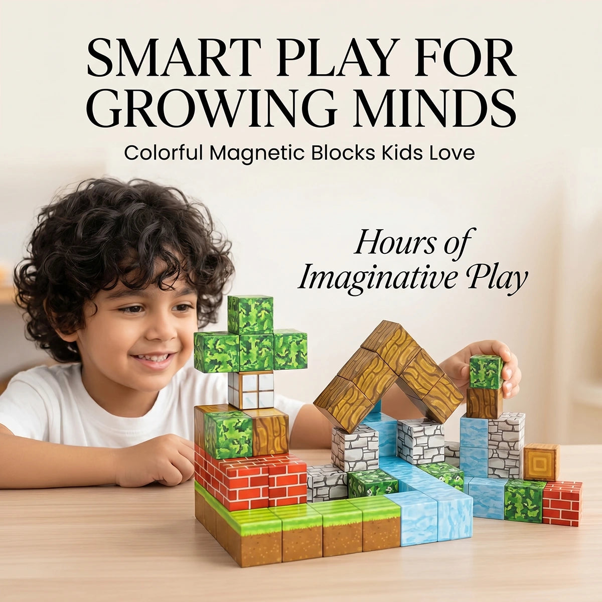 Multicolor pixel magnetic building blocks in a 48-piece set with storage bag