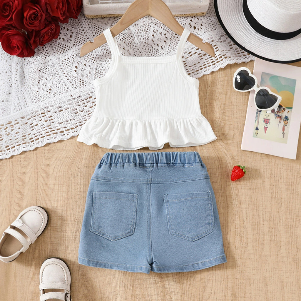 Girls Red Strawberry Embroidered Peplum Top With Denim Shorts Sets Sets