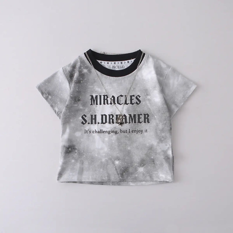 Boys Grey Typographic Printed T-Shirt With Denim Shorts Sets Sets