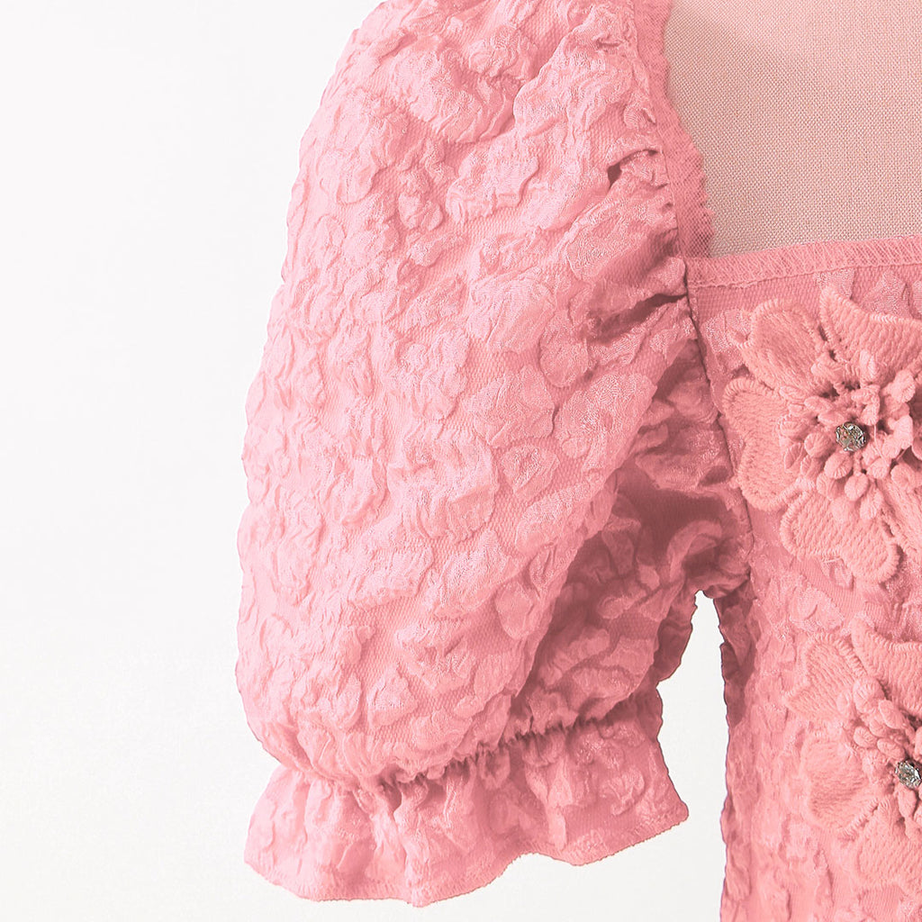 Girls Pink Puff Sleeve Fit & Flare Textured Dress Casual Dresses