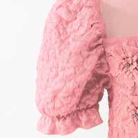 Girls Pink Puff Sleeve Fit & Flare Textured Dress Casual Dresses