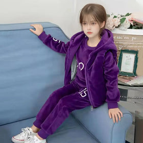 Girls Purple Alphanumeric Printed Sweatshirt With hooded Vest & jogger Co-ord Sets Sets