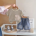 Boys Khaki Striped T-Shirt With Denim Shorts Sets Sets Khaki 1-2 Y