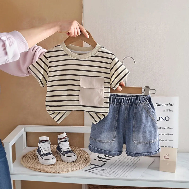 Boys Khaki Striped T-Shirt With Denim Shorts Sets Sets Khaki 1-2 Y