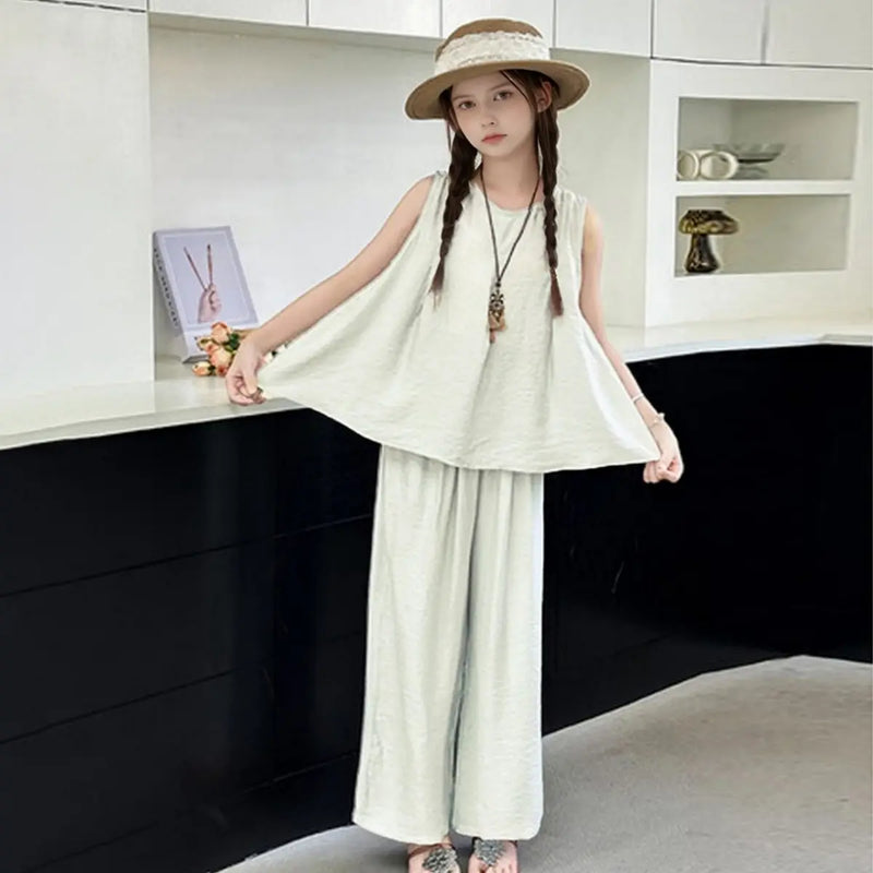Girls Beige Sleeveless A-line Top With Pants Co-ord Sets Sets
