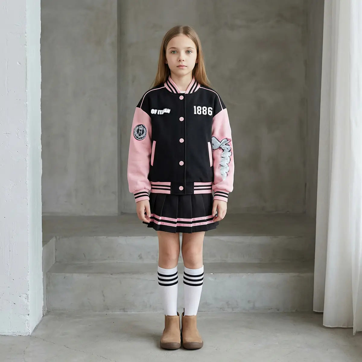 Girls Pink Alphanumeric Printed Varsity Jacket With Pleated Skirt Sets 2 pc. Sets Pink 5-6 Y