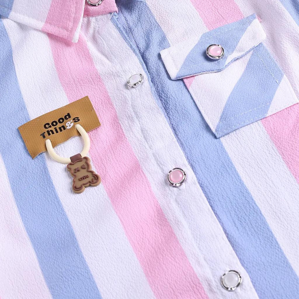 Girls Pink Stripes Short Sleeve Shirt With Denim Capri Sets 2 pc. Sets