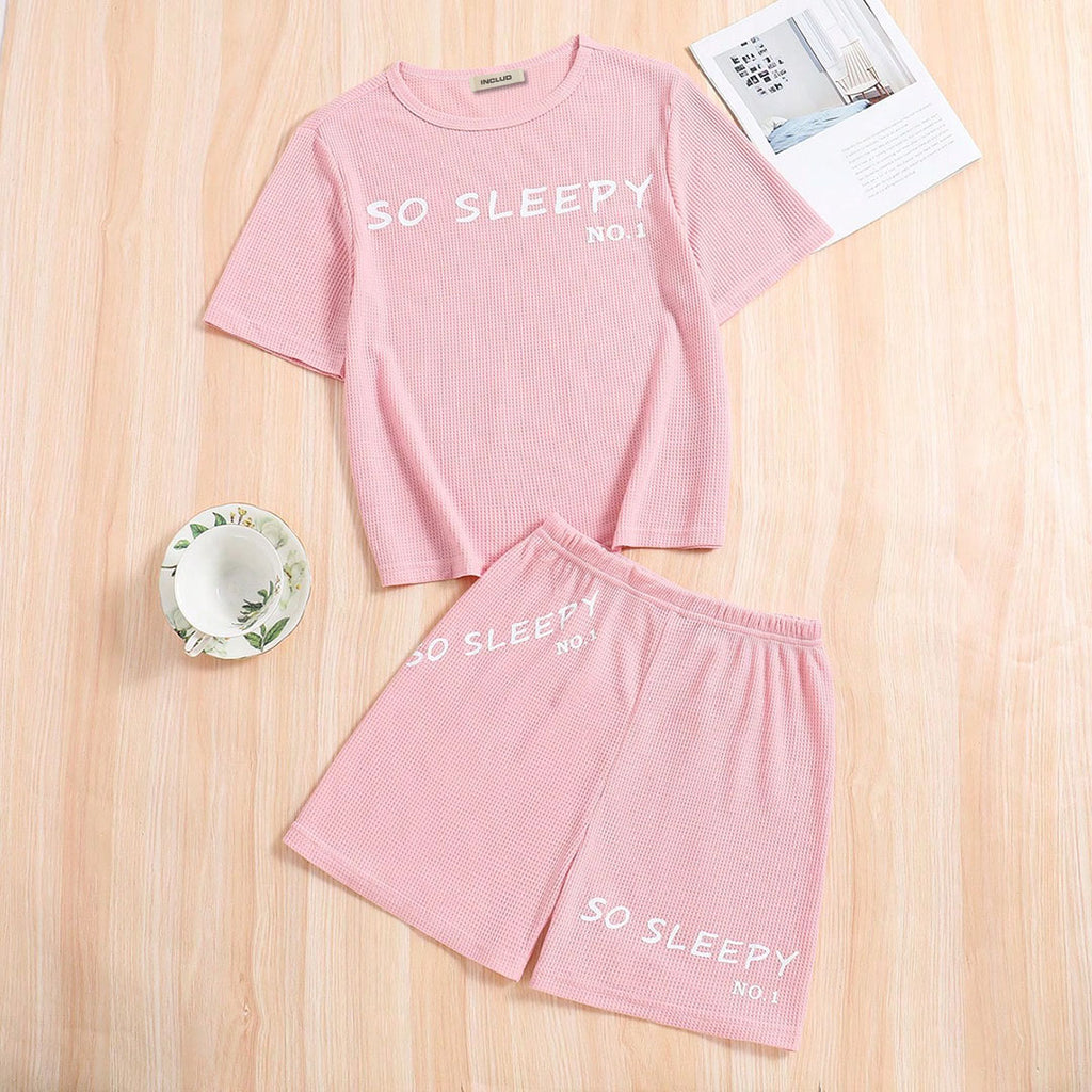 Girls Pink Printed Waffle Textured T-shirt with Shorts Set Sets Pink 12-13 Y