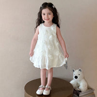 Girls Off White Floral Applique Sleeveless A-Line Dress Casual Dresses Off White 1-2 Y