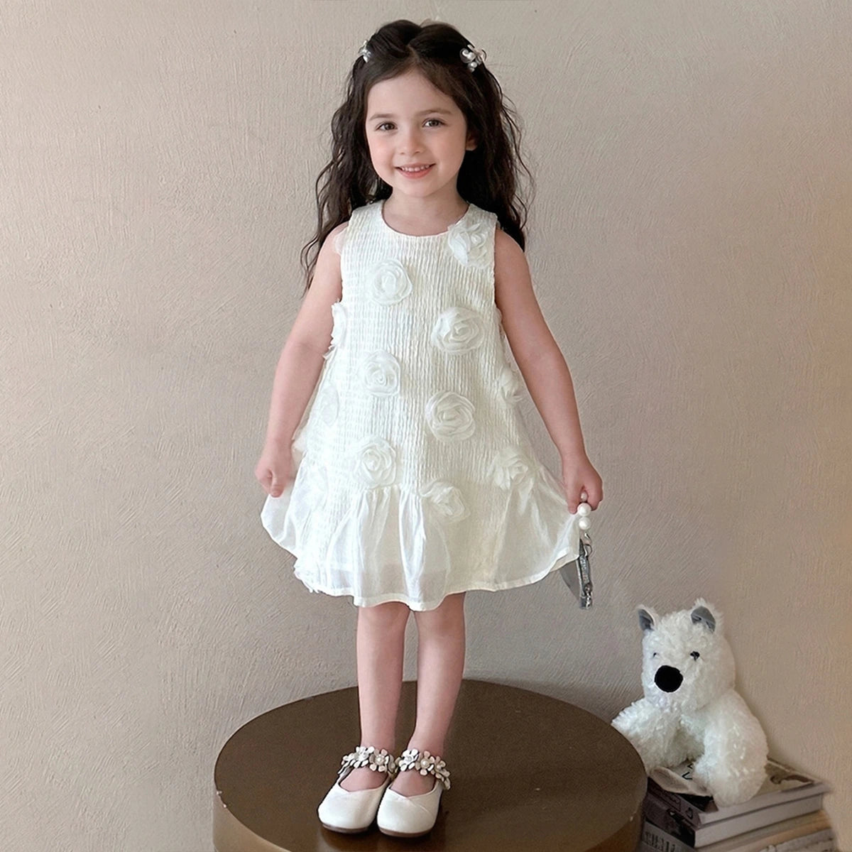 Girls Off White Floral Applique Sleeveless A-Line Dress Casual Dresses Off White 1-2 Y
