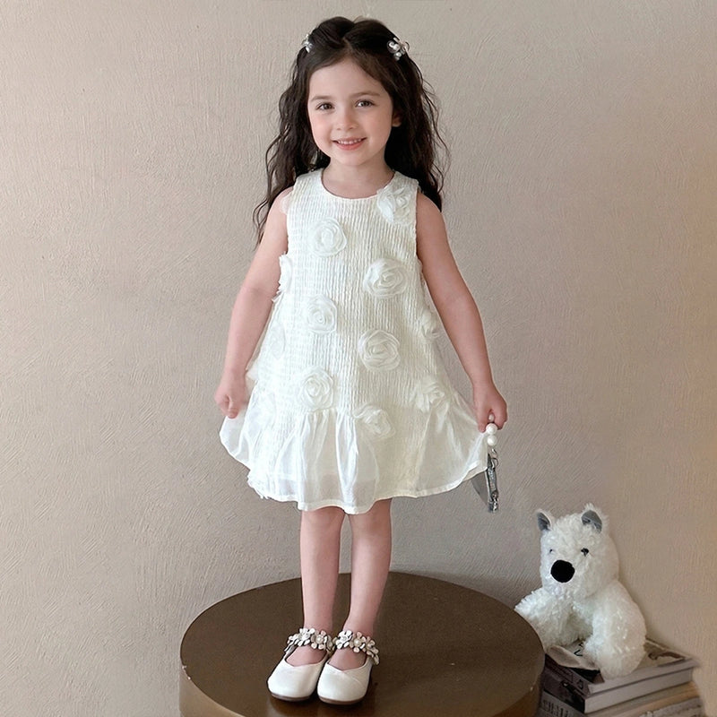 Girls Off White Floral Applique Sleeveless A-Line Dress Casual Dresses Off White 1-2 Y