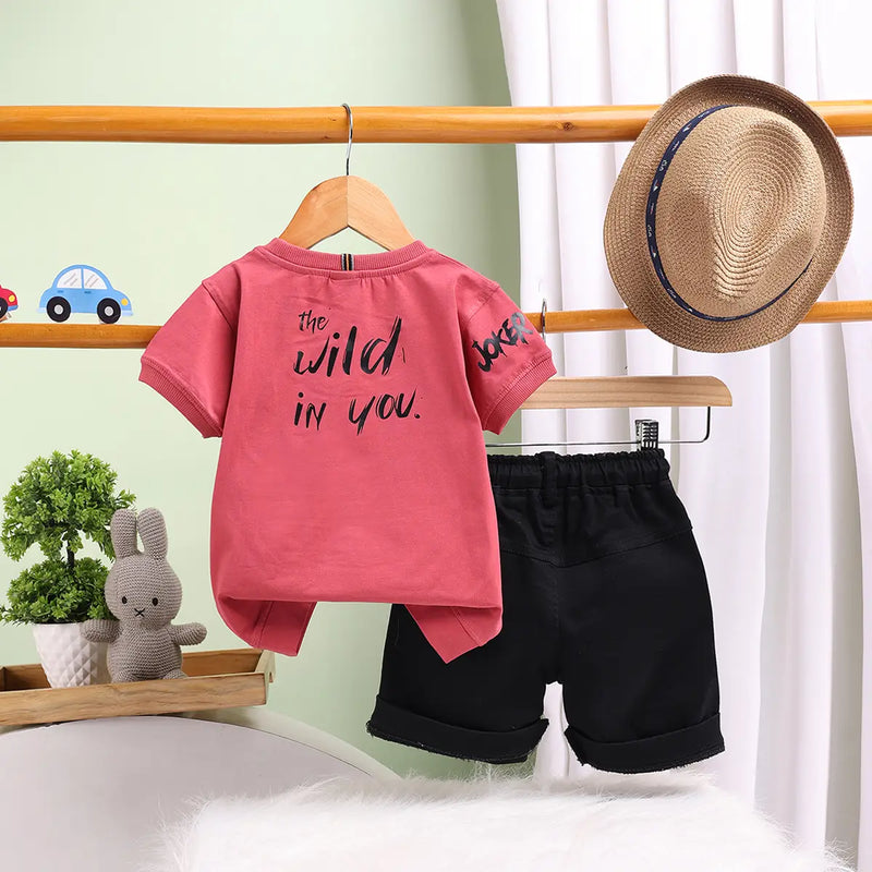 Boys Red Typographic Printed Short Sleeve T-Shirt With Elasticated Shorts Sets 2 pc. Sets