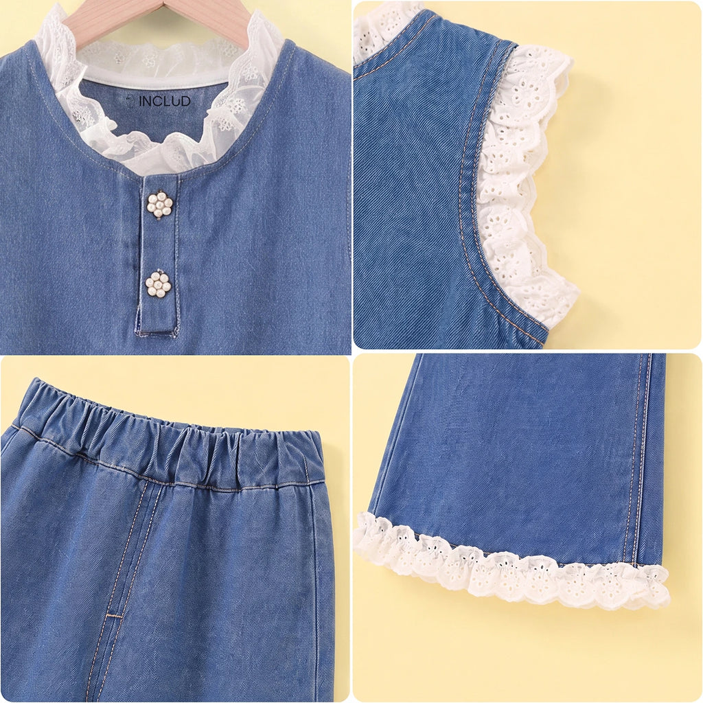 Girls Blue Denim Sleeveless Top with Pants Sets 2 pc. Sets