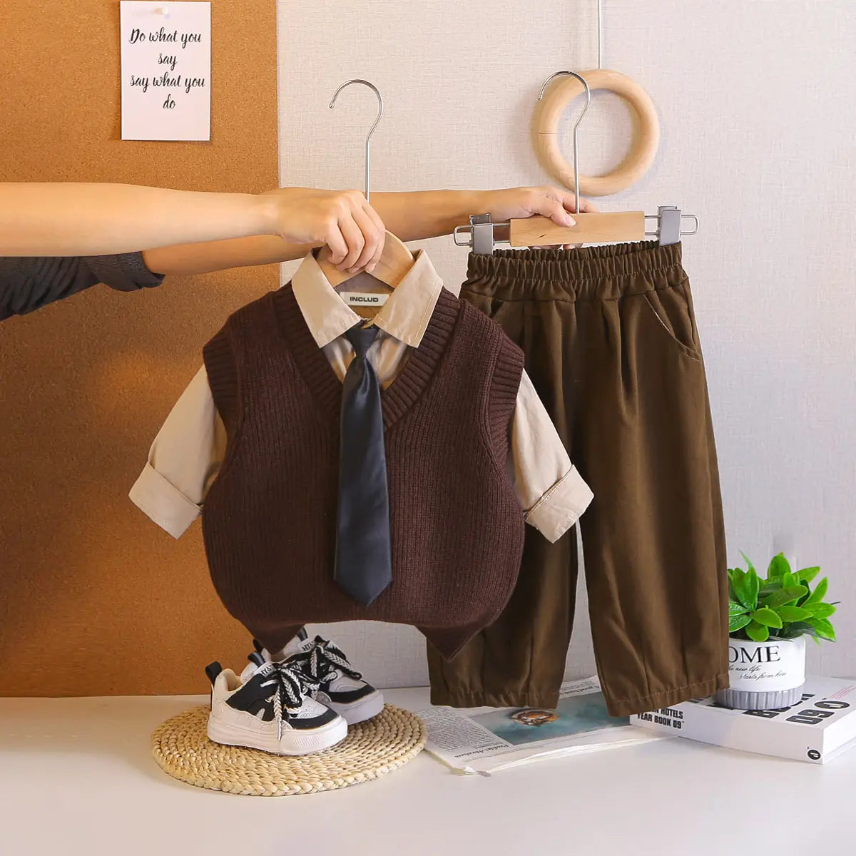 Boys Brown Sweater Vest & Pants With Shirt & Neck-Tie Sets Sets Brown 1-2 Y