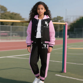 Girls Pink Typographic Printed Front Open Hooded Swetashirt With joggers Set 2 pc. Sets Pink 7-8 Y