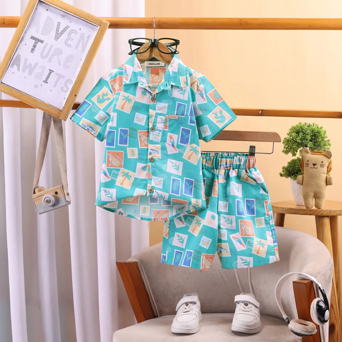 Boys Sea Green Graphic Short Sleeve Shirt With Elasticated Shorts Sets 2 pc. Sets Sea Green 3-4 Y
