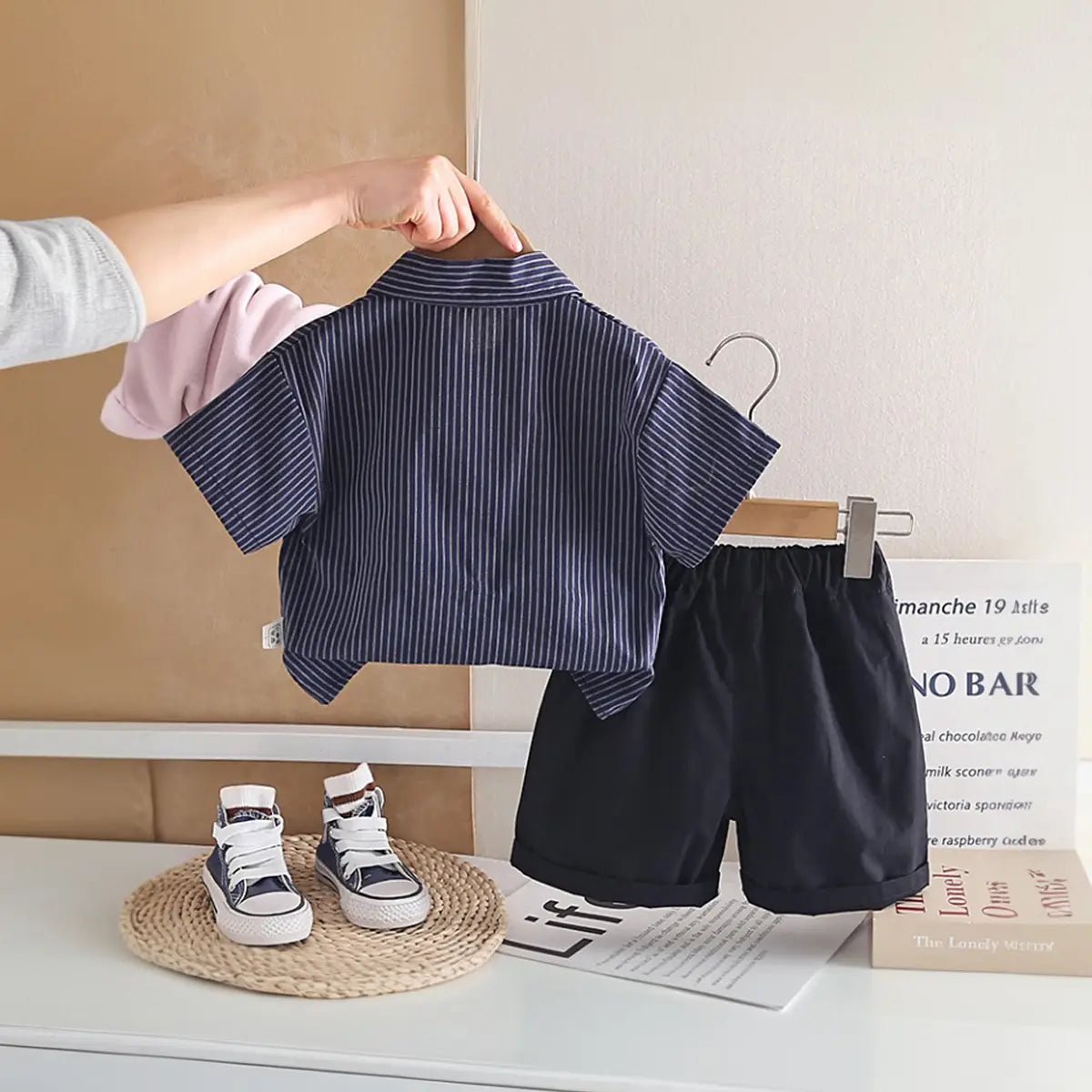 Boys Dark Blue Striped Button-Down Shirt With Shorts Sets Sets