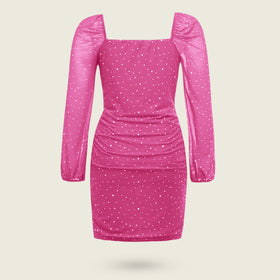 Girls Pink Sequined Long Sleeves Square Neck Bodycon Dress Party Dresses