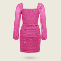 Girls Pink Sequined Long Sleeves Square Neck Bodycon Dress Party Dresses