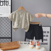 Boys Khaki Typographic Printed Short Sleeve T-Shirt With Cargo Shorts Sets 2 pc. Sets