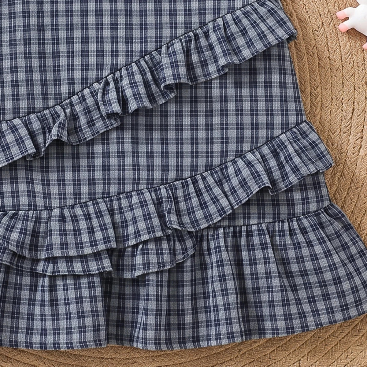 Girls Navy Blue Checked Sleeveless A-line Dress Casual Dresses