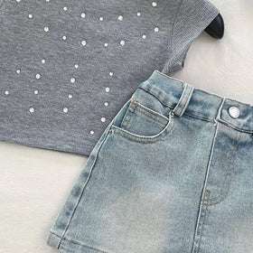 Girls Grey Rhinestone Embellished Ribbed Top and Denim Skirt Sets 2 pc. Sets